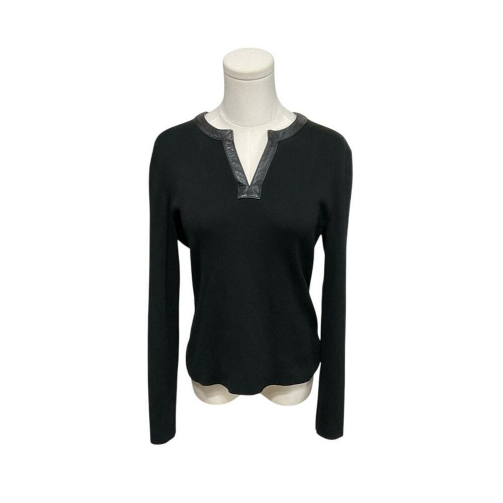 VTG 90s GEOFFREY BEENE SPORT Womens Silk Blend Ribbed Top Leather Trim Sz Medium